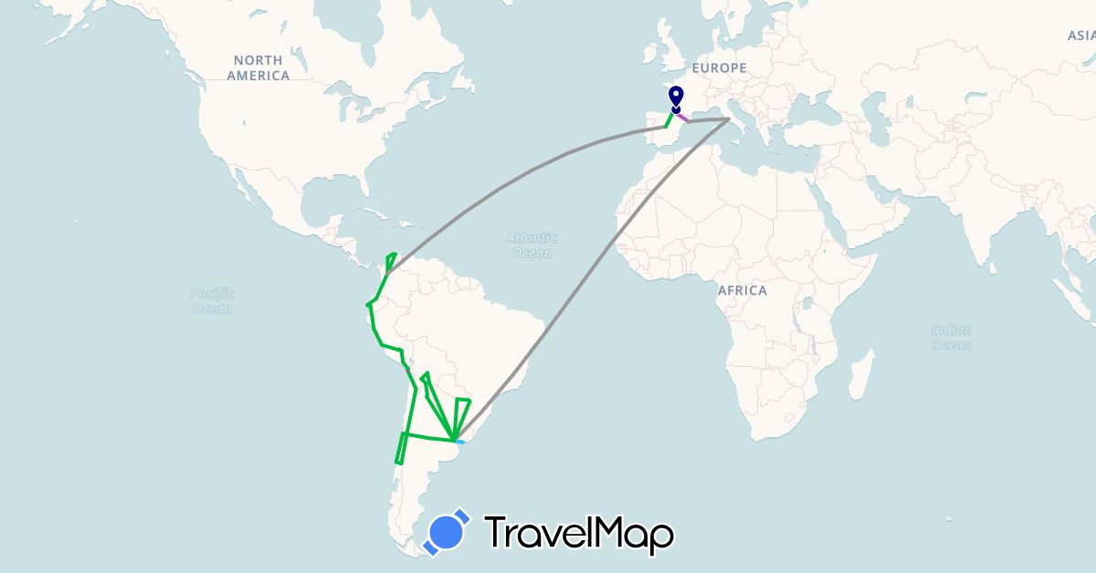 TravelMap itinerary: driving, bus, plane, train, boat in Argentina, Bolivia, Chile, Colombia, Ecuador, Spain, France, Italy, Peru, Paraguay, Uruguay (Europe, South America)